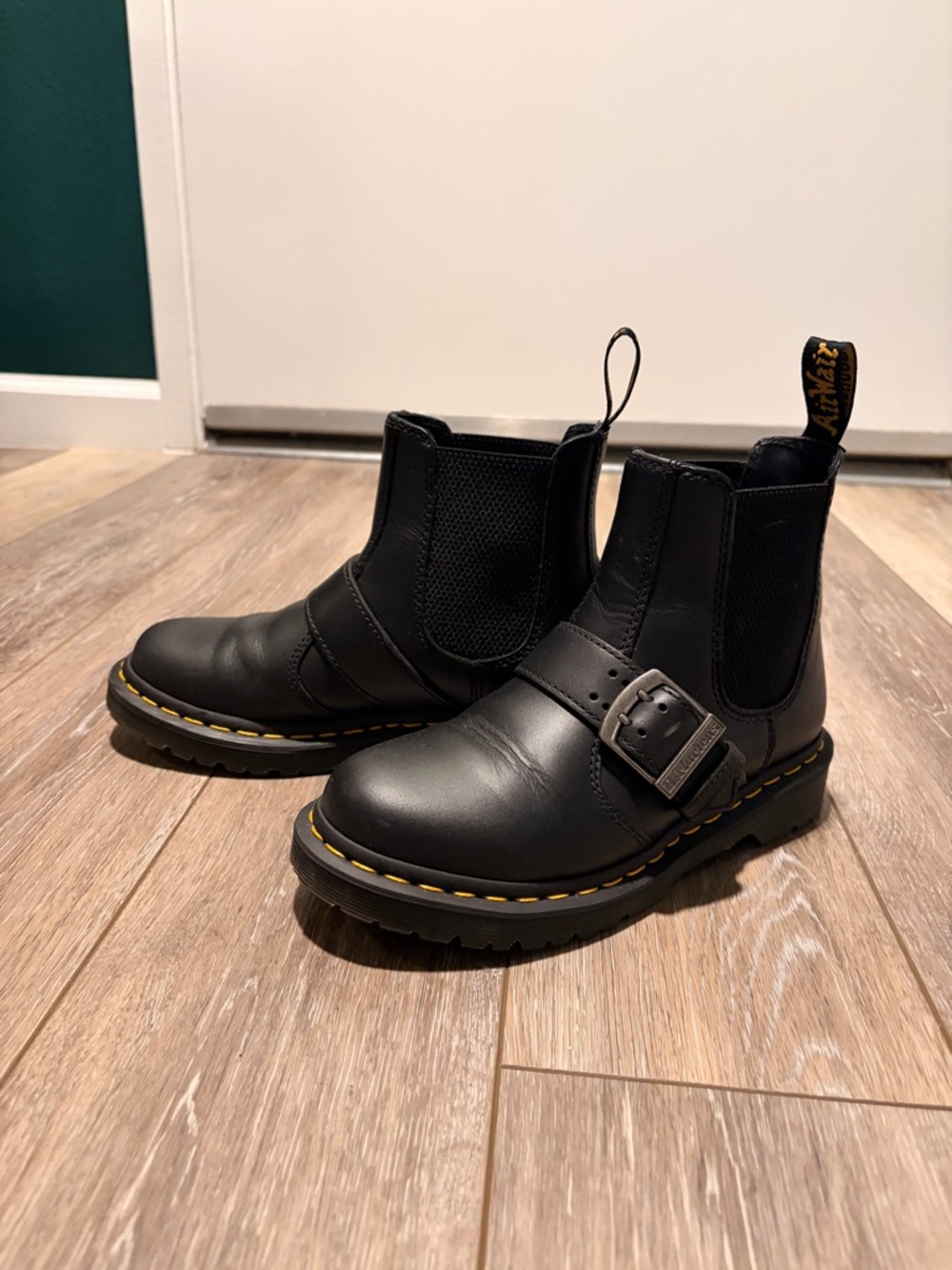 Dr. Martens Black Leather Chelsea Monk-Strap Boots with Yellow Stitching